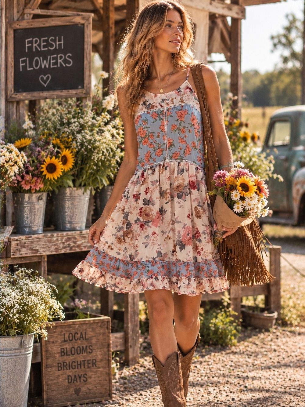 Umgee USA Blue Floral Size S Tiered Midi Dress Boho Cottagecore Romantic